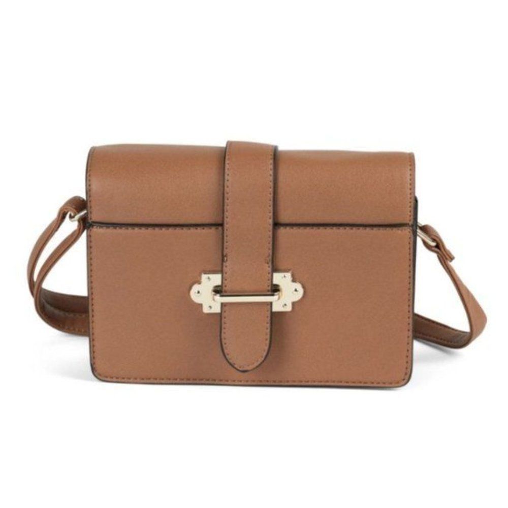 Tan Brown Vegan Leather Crossbody Satchel with Clasp